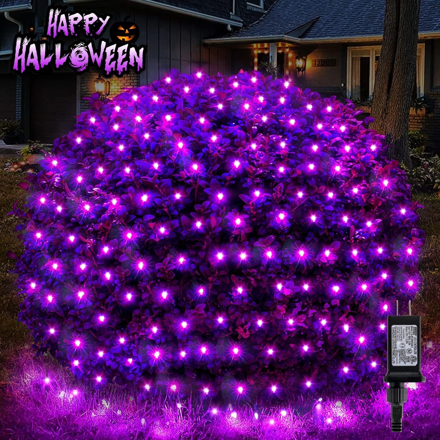 Luces de red de Halloween, 200 luces LED de 8.2 pies x 4.9 pies, luces moradas de Halloween con 8 modos, temporizador, conectable, diseño de alambre