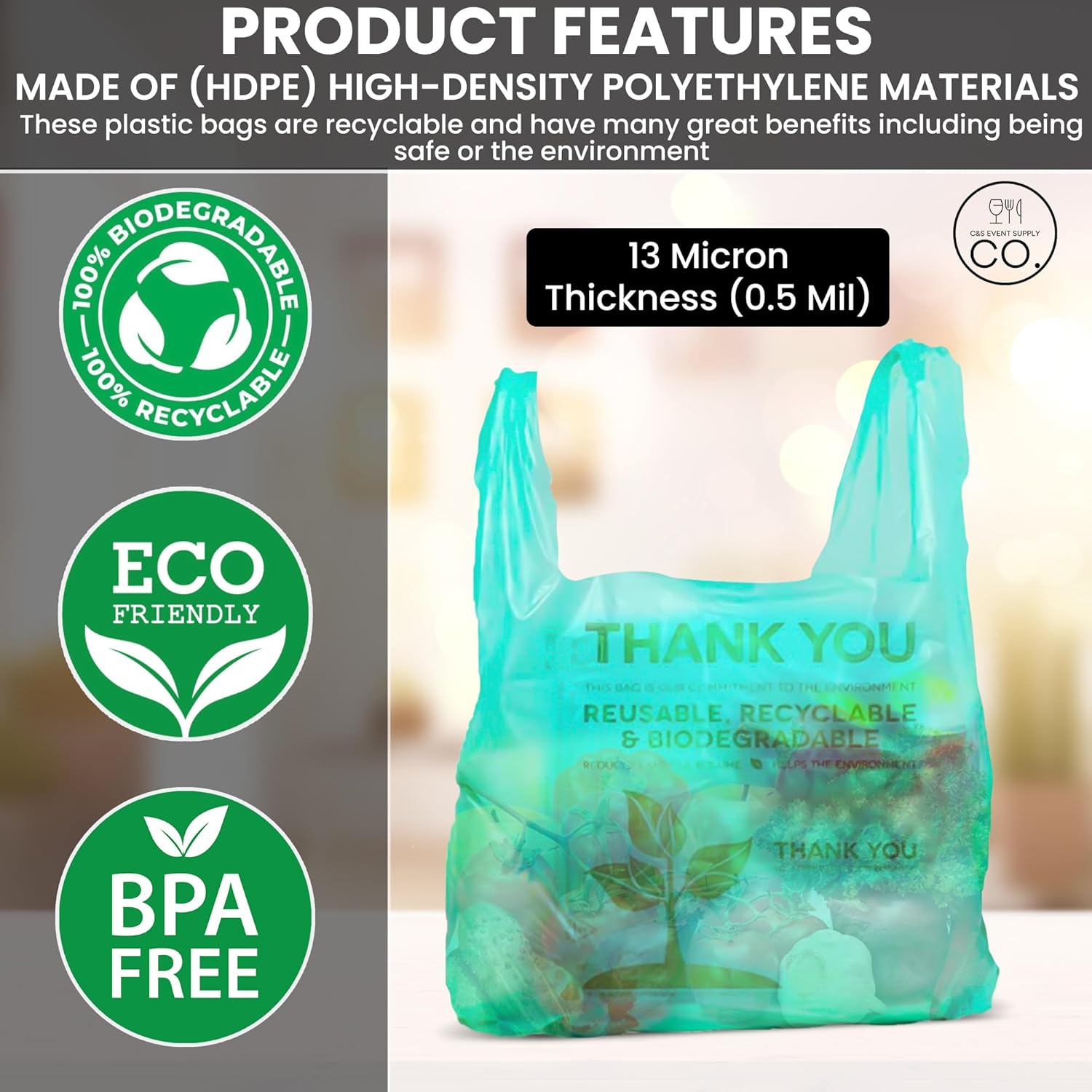 C&S Event Supply Co. Bolsa ecológica verde, bolsas de plástico con asas, bolsas de compras de plástico para comestibles, bolsas de plástico