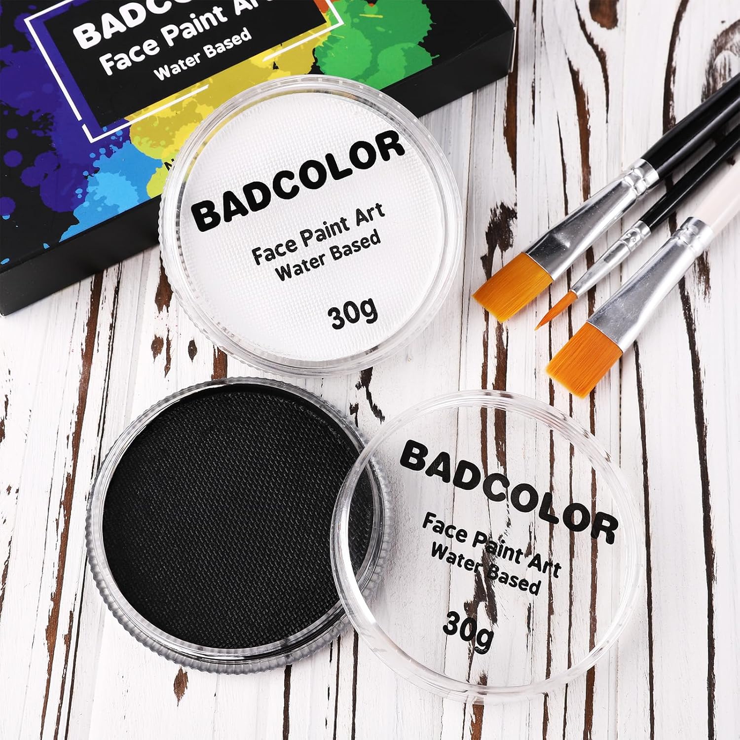 Pintura facial negra y blanca de payaso con 3 pinceles de pintura, paleta de maquillaje SFX a base de agua para niños y adultos, pintura facial no