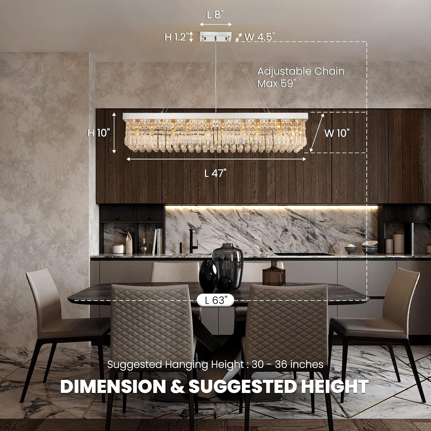 Lámpara rectangular K9 de cristal moderna rectangular colgante para comedor, cocina, isla cromada, 47 pulgadas de largo x 10 pulgadas de ancho x 10