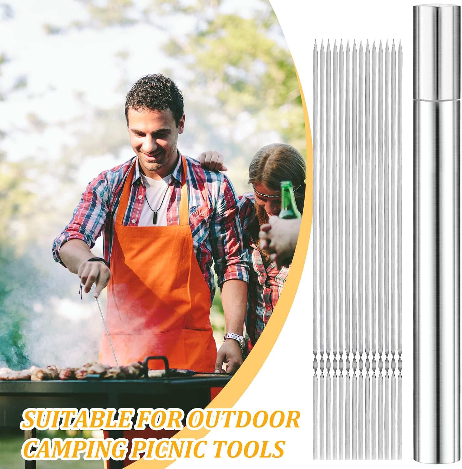 200 pinchos de metal para asar brochetas de acero inoxidable de 13.78 pulgadas para barbacoa, brochetas de parrilla reutilizables, tubo de