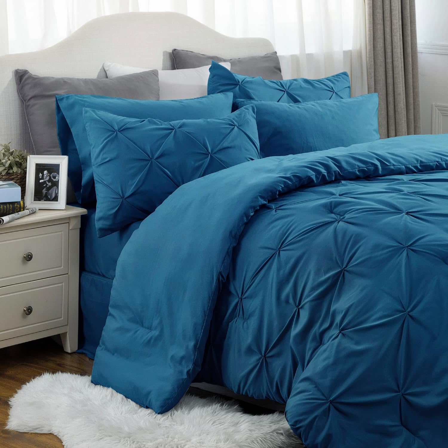 BEDSURE Juego de ropa de cama con edredón tamaño individual de 5 piezas, diseño de pliegues, con edredón, sábanas, funda de almohada y funda