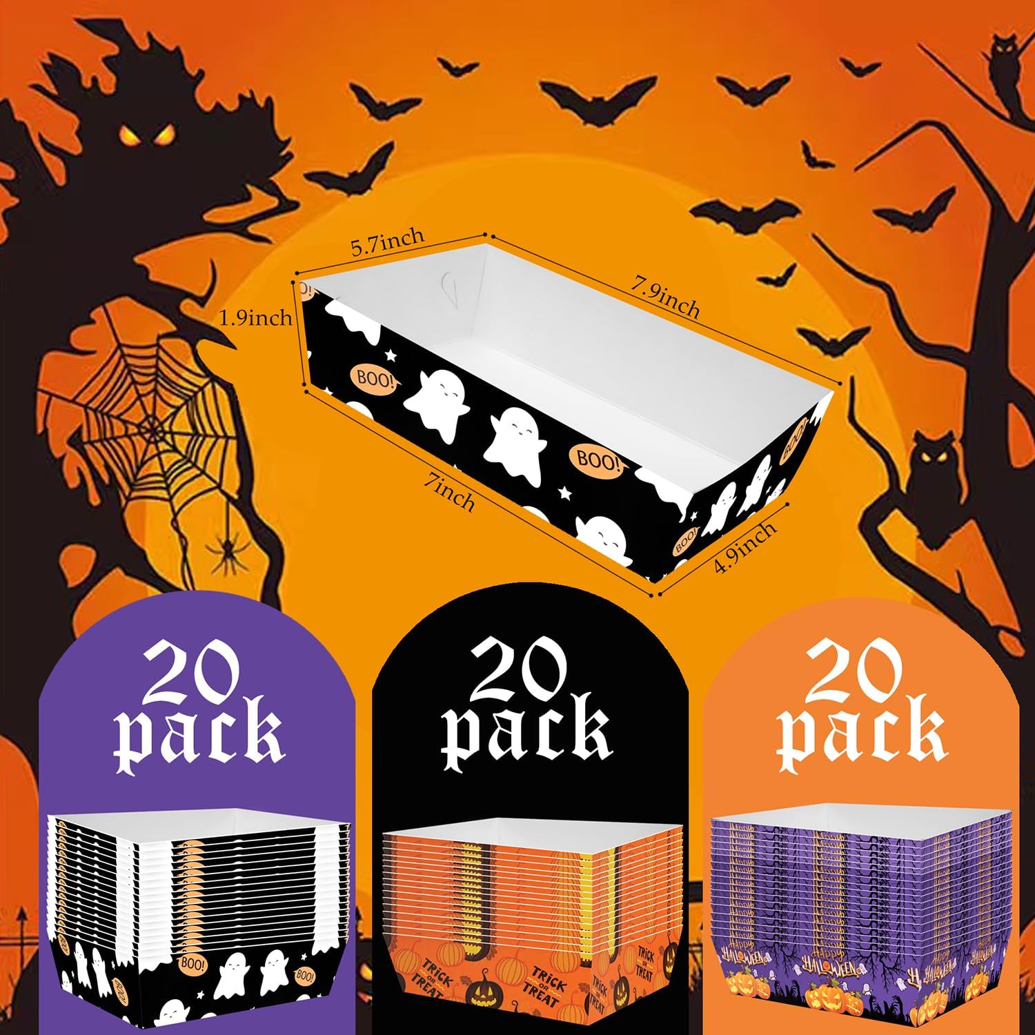 Suministros para fiesta de Halloween, 60 bandejas de papel de Halloween, bandejas de aperitivos para dulces de Halloween, bandejas para Halloween,