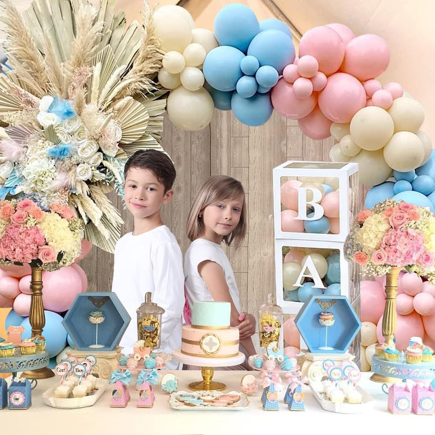 Decoraciones de revelación de género para baby shower, kit de arco de 176 globos rosas y azules, caja de bebé con letras para decoración de