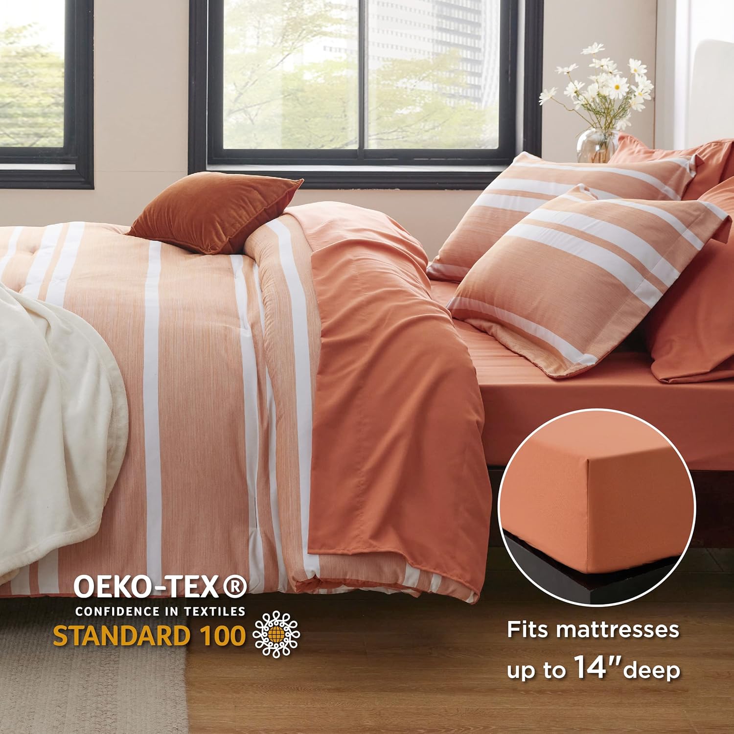 BEDSURE Bed in a Bag – Juego de edredón de 7 piezas a rayas color naranja quemado y blanco para todas las estaciones, 2 fundas de almohada, sábana