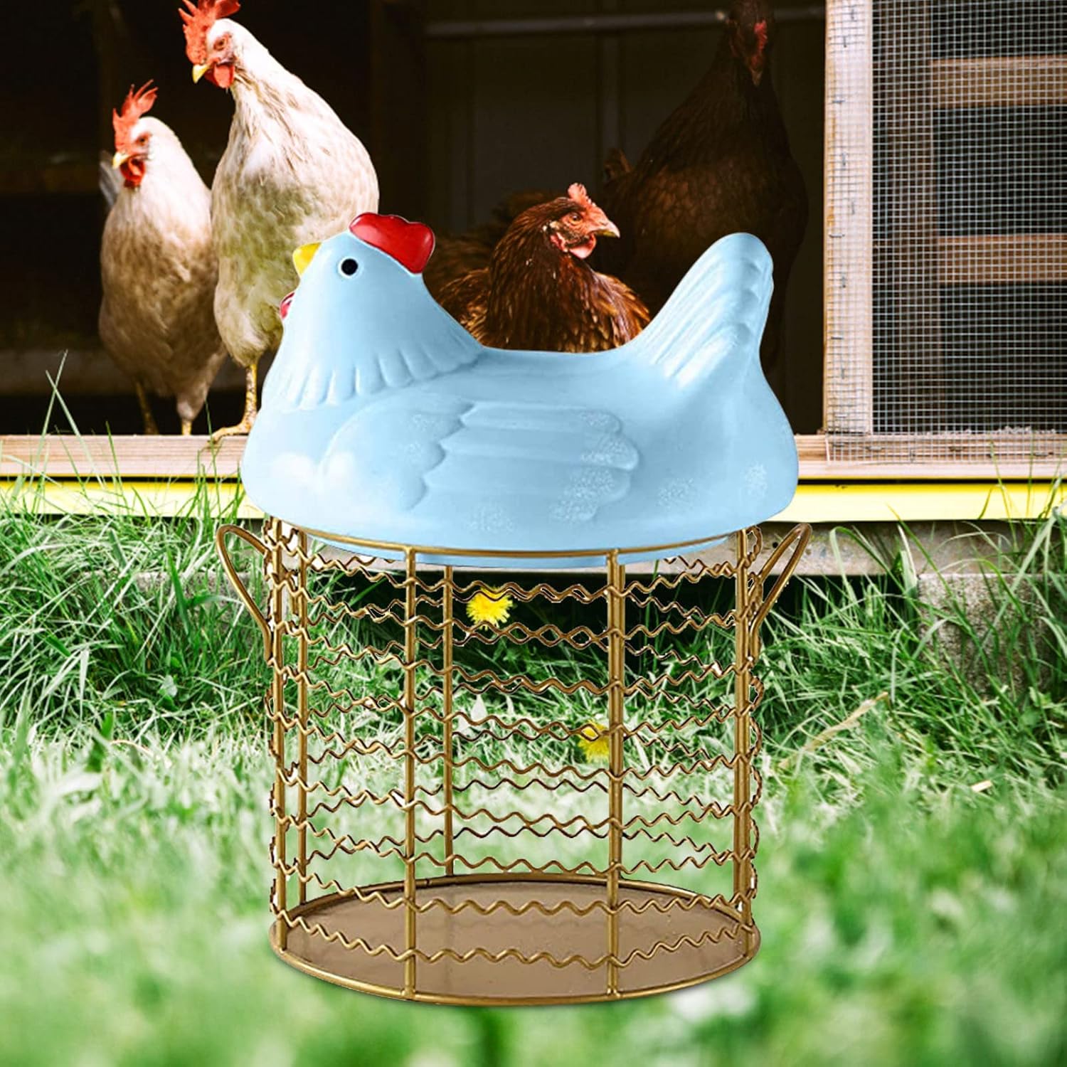 Soporte para huevos para refrigerador, tapa en forma de pollo de cerámica, cesta de alambre redonda, asa inferior, caja de huevos de alambre de