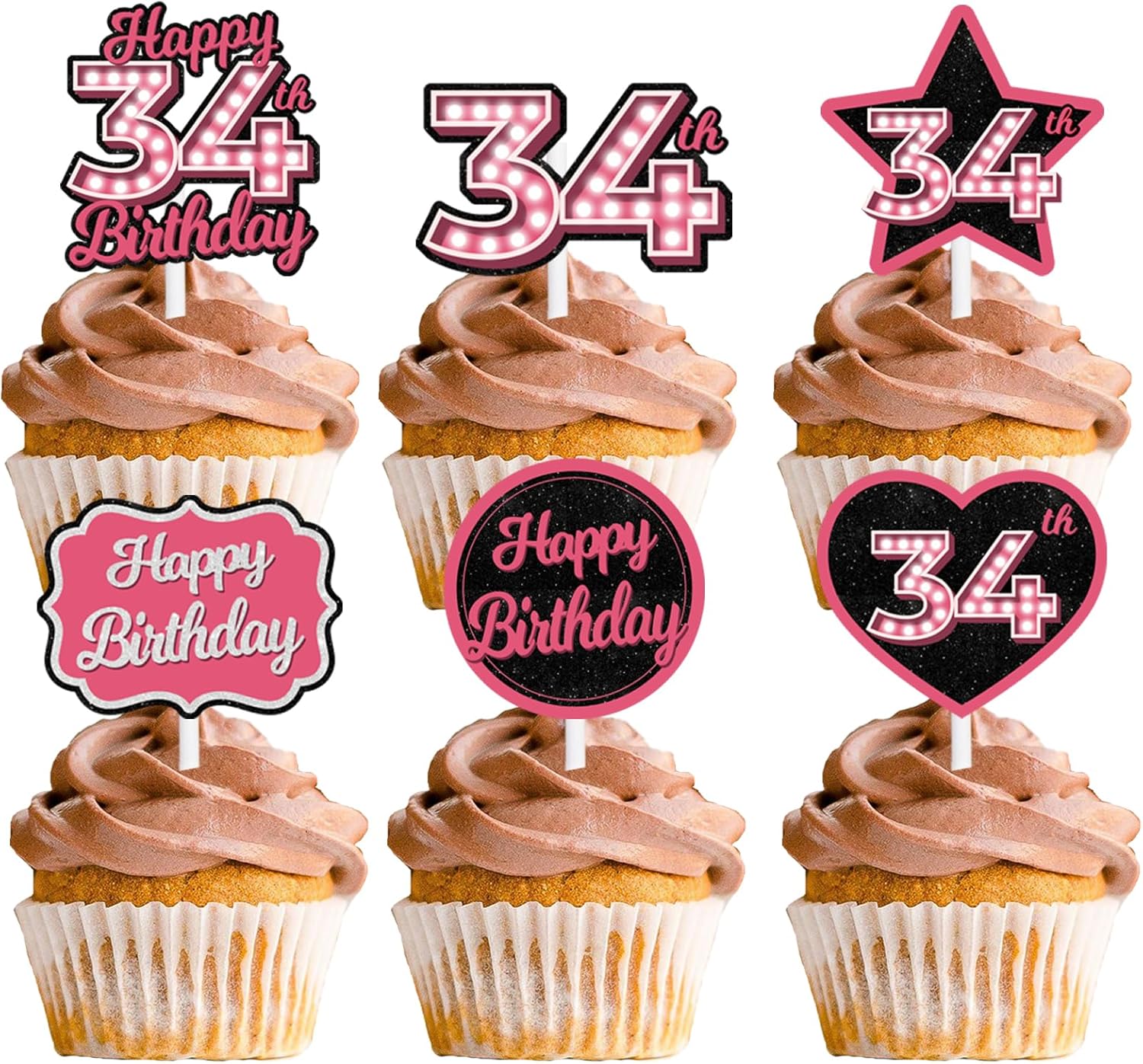 18 piezas de cupcakes de postre con purpurina rosa con 34 letras Let’s Glow Crazy Party Theme Party Suministros de decoración para niñas y damas,