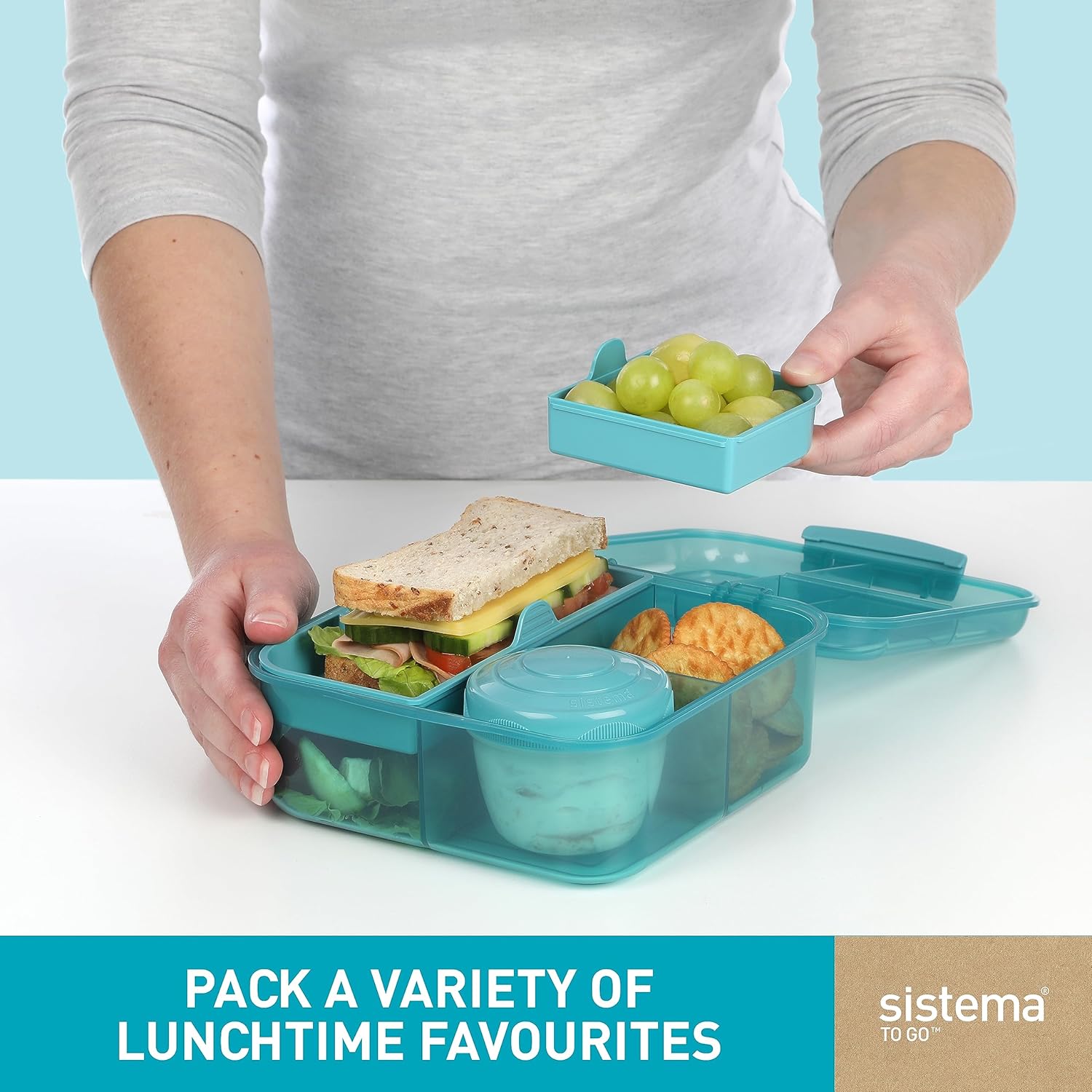 Sistema Bento Box To Go – Fiambrera con yogurmaceta de frutas 1,25 L, hecha con plástico reciclado, reciclable con piedra verde azulado