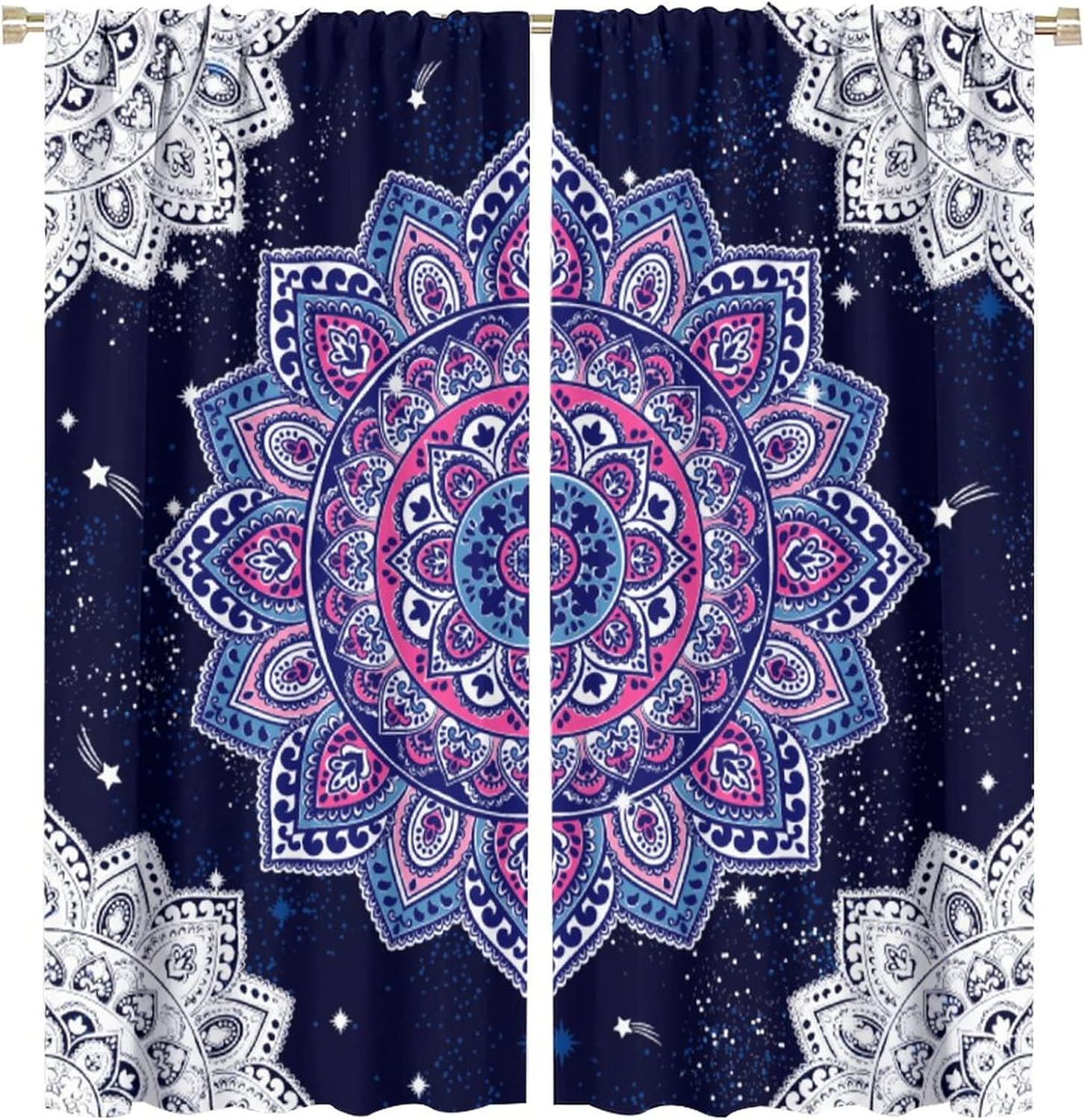Cortinas de mandala bohemias moradas, hermosas flores de pavo real, fondo blanco y negro, con bolsillo para barra, cortinas de ventana para