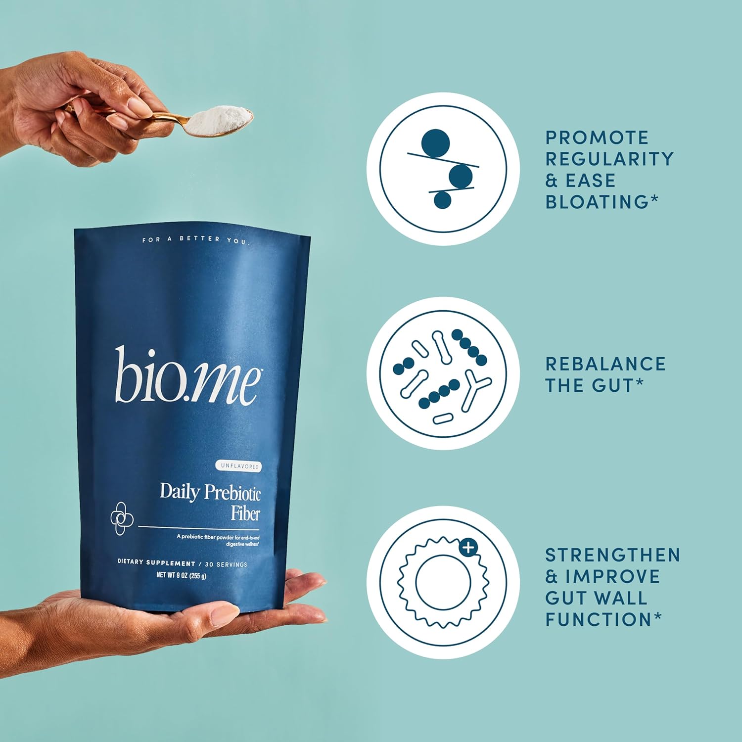 Bio.me Paquete diario de fibra prebiótica y sinbiótica  Fibra en polvo para salud digestiva e hinchazón  Pre, Pro, posbiótico para la salud