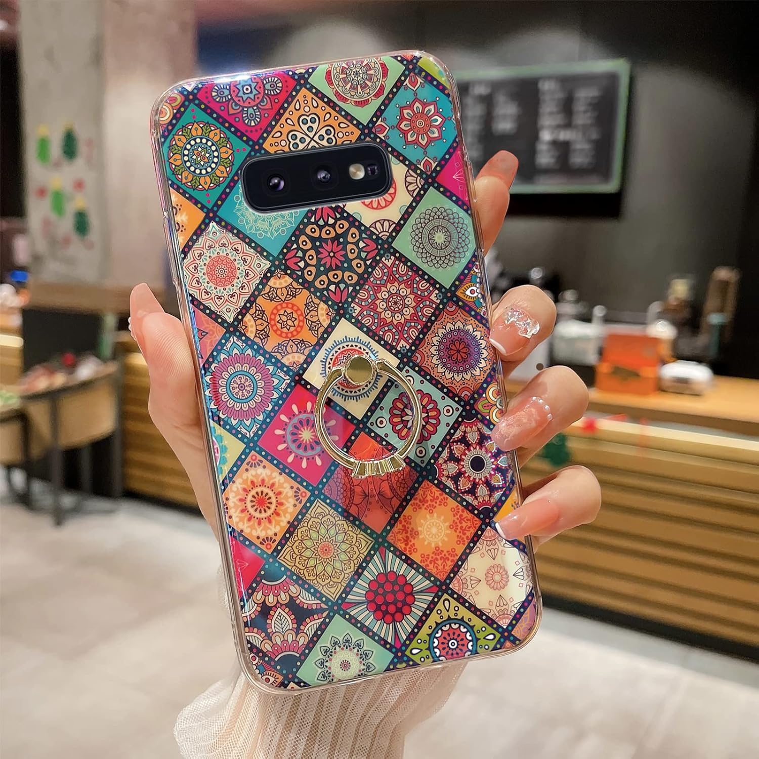 Funda para Samsung S10E (no S10), a prueba de golpes, funda de protección para adolescentes y mujeres con bonito anillo dorado soporte de flor