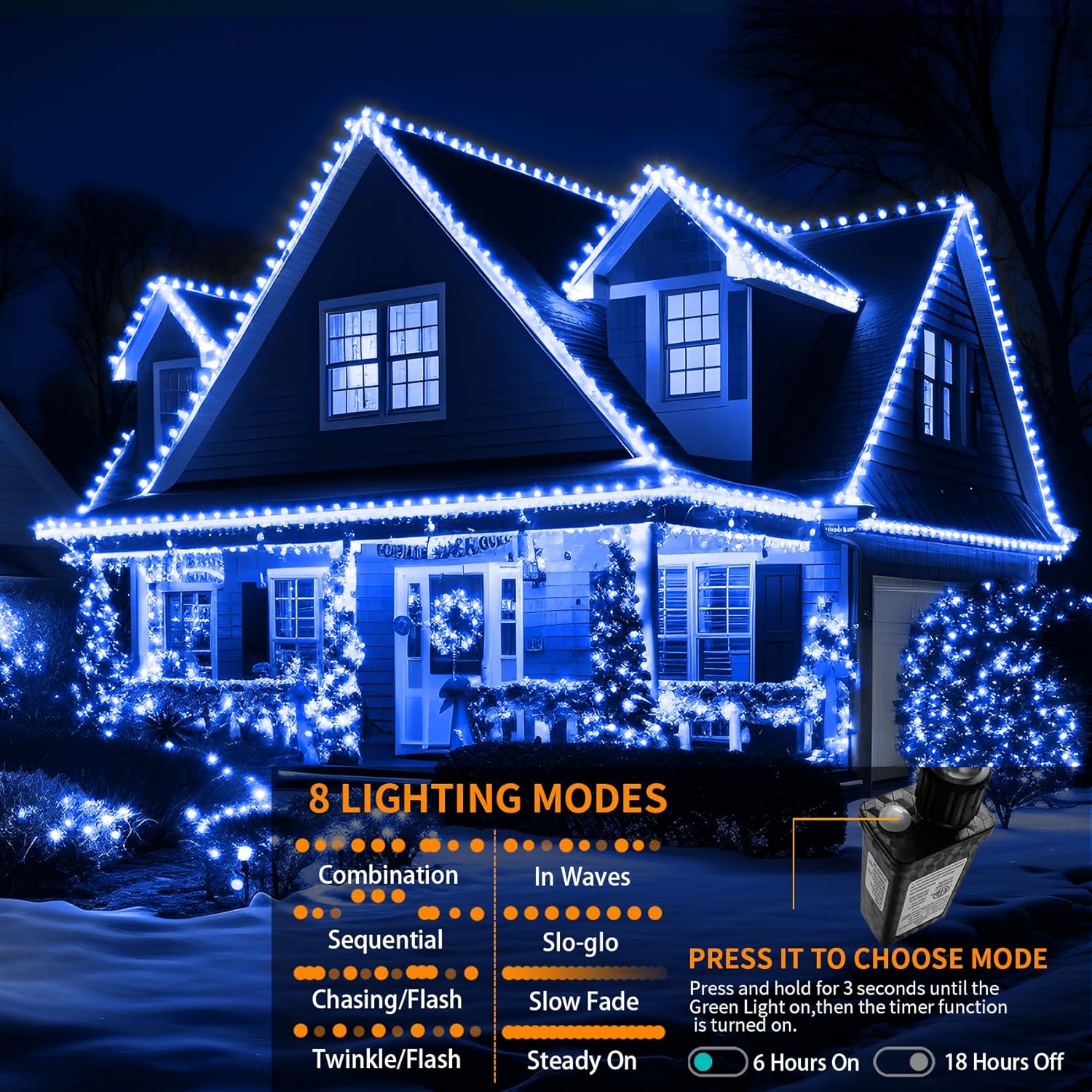 Luces de Navidad de 500 pies para exteriores, 1400 LED, impermeables, para decoración de árbol de Navidad, luces con 8 modos de enchufe,