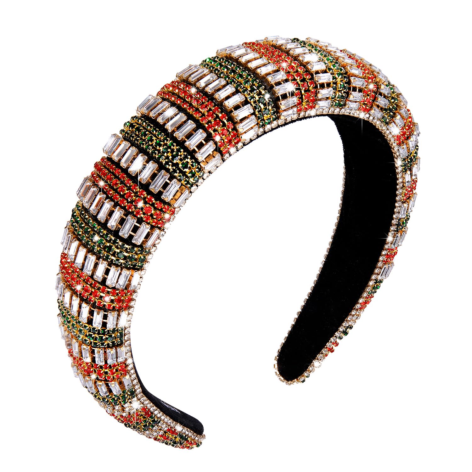 NVENF Diadema de Navidad con diamantes de imitación de cristal para mujer, diadema ancha de terciopelo con cuentas de color rojo y verde, accesorio