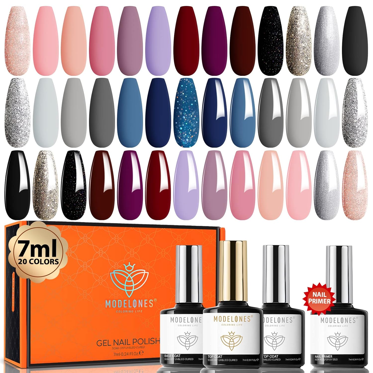Modelones Juego de 24 esmaltes de uñas de gel, 20 colores de 0.27 onzas líquidas, popular color nude, rosa, gris, neutro, juego de esmalte de uñas