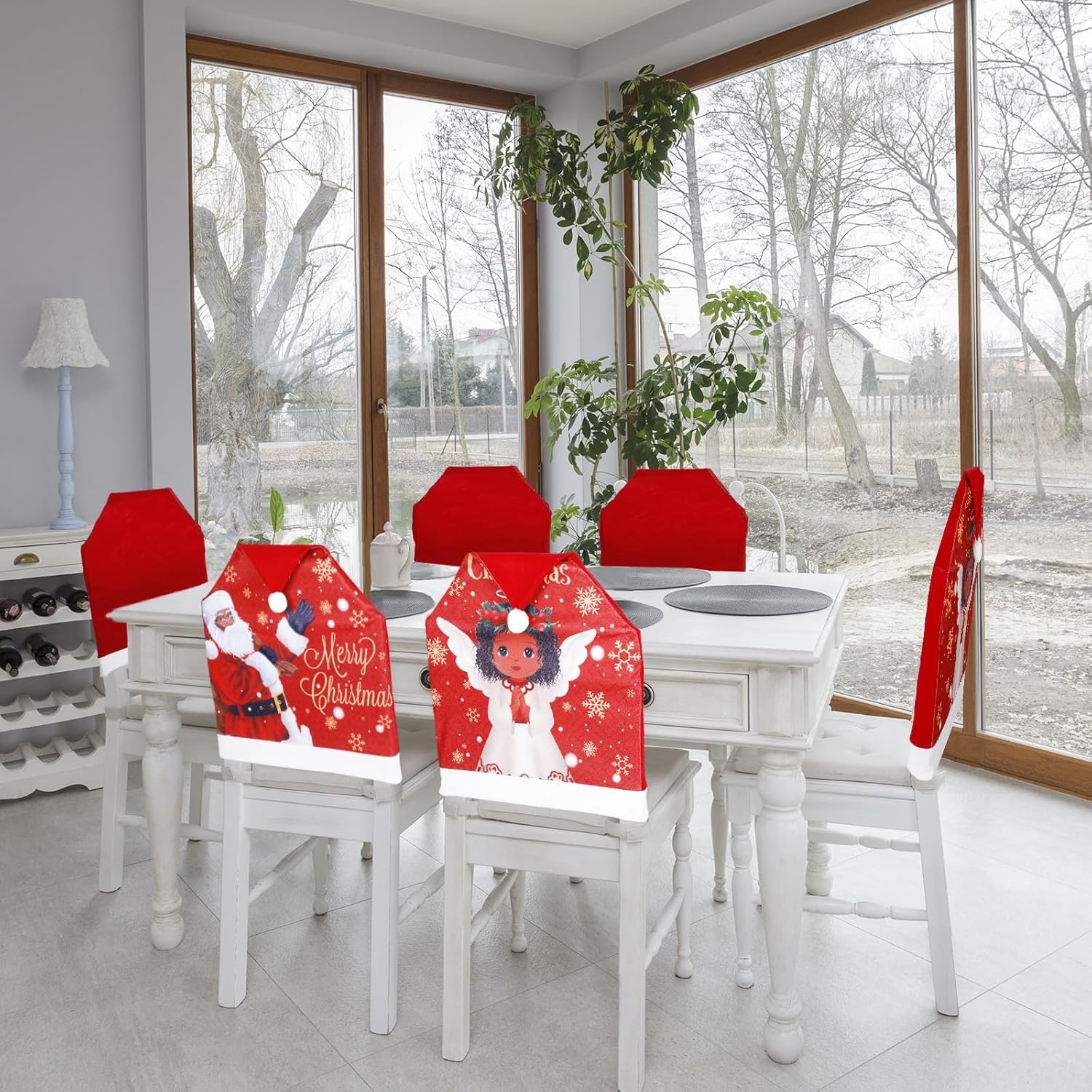 6 fundas para sillas de Navidad, decoración de Papá Noel, sombrero rojo, negro, Papá Noel, estilo ángel africano, funda para silla, cubierta