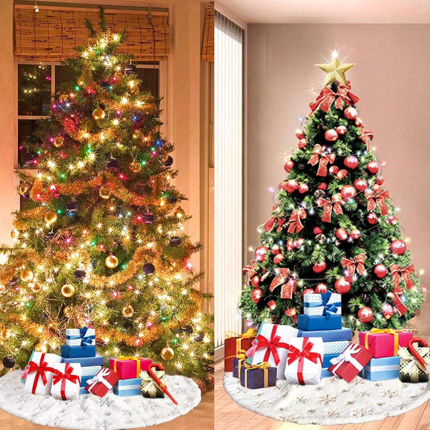 Faldones de felpa para árbol de Navidad, 30 pulgadas, de piel sintética blanca como la nieve, cubierta de base de árbol de Navidad con copos de