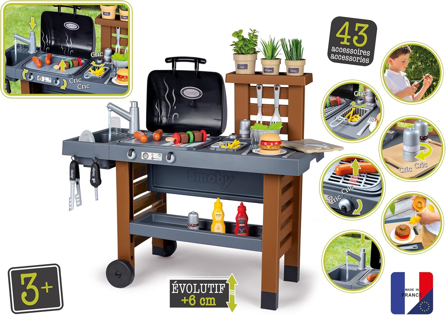 Smoby Cocina de jardín – Juego de 43 accesorios para exteriores, para niños a partir de 3 años, parrilla con llamas mágicas retráctiles, freidora y