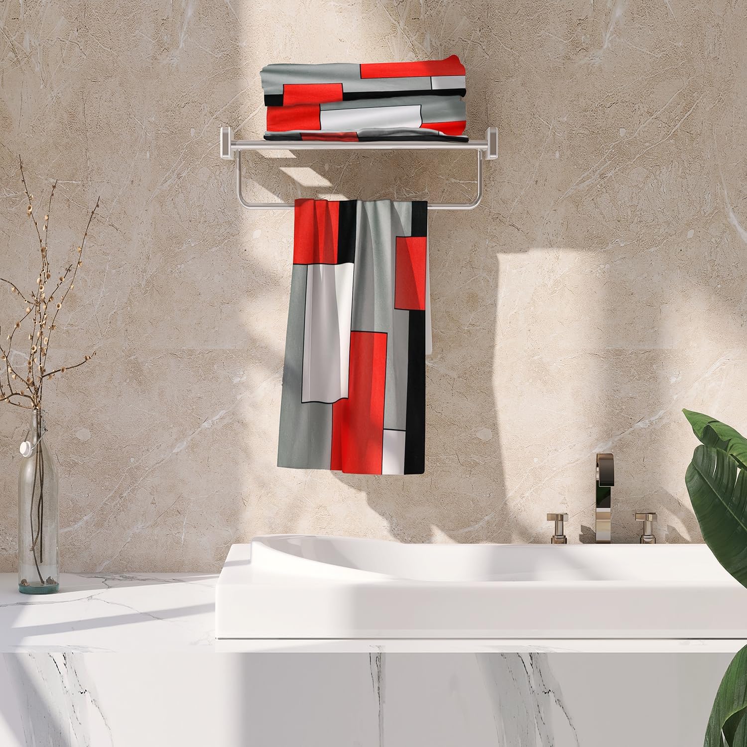 Juego de 2 toallas de mano para baño, cocina, color rojo, negro, gris, blanco, decorativas, ultra suaves, absorbentes, para baño, cocina, juego de 2