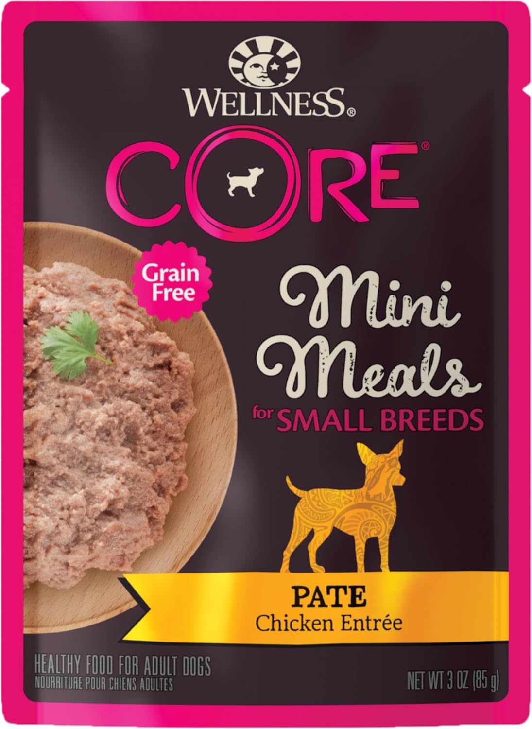 Wellness CORE – Alimento húmedo natural para perros de raza pequeña, sin granos, plato principal de pollo en paté, bolsa de 3 onzas (paquete de 12)