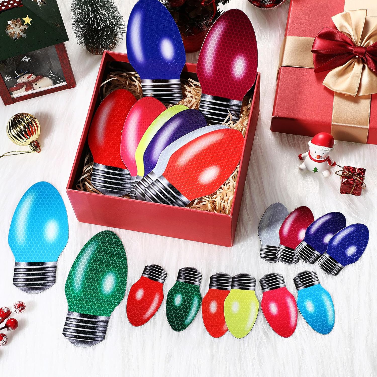 60 piezas de decoración reflectante de Navidad para automóvil, imanes para refrigerador, adorno con forma de bombilla para Navidad, vacaciones,