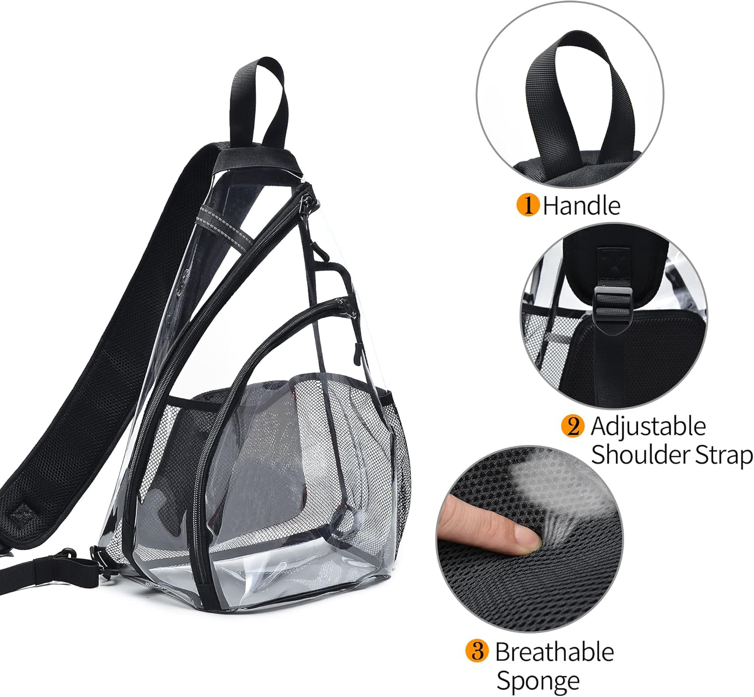 OSOCE Bolso bandolera transparente, bolsa cruzada transparente con cinturón reflectante, bolsillo de hombro con cremallera, cojín trasero
