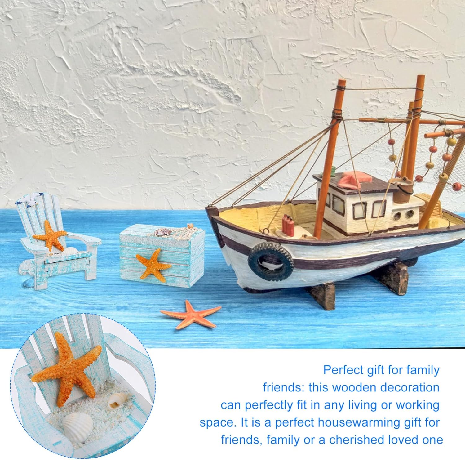 Decoración para el hogar, decoración de playa, 2 piezas, mini silla de playa náutica de madera, silla de playa en miniatura, caja de madera náutica,