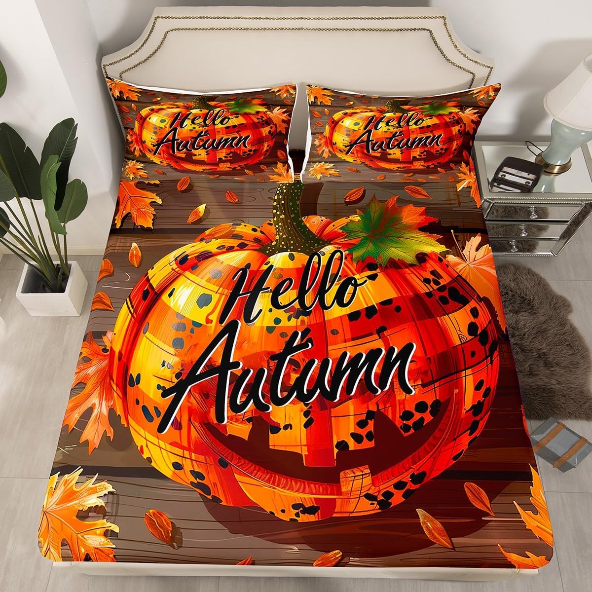 Manfei Sábana bajera ajustable de calabaza de otoño, tamaño matrimonial, funda de cama de calabaza de leopardo a cuadros con 2 fundas de almohada,