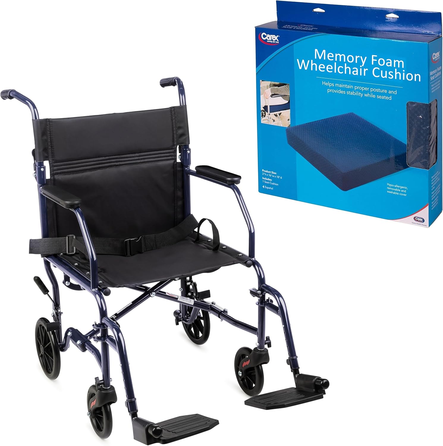Carex Silla de ruedas de transporte con cojín para silla de ruedas, asiento de 19 pulgadas, silla de transporte plegable con reposapiés, silla de