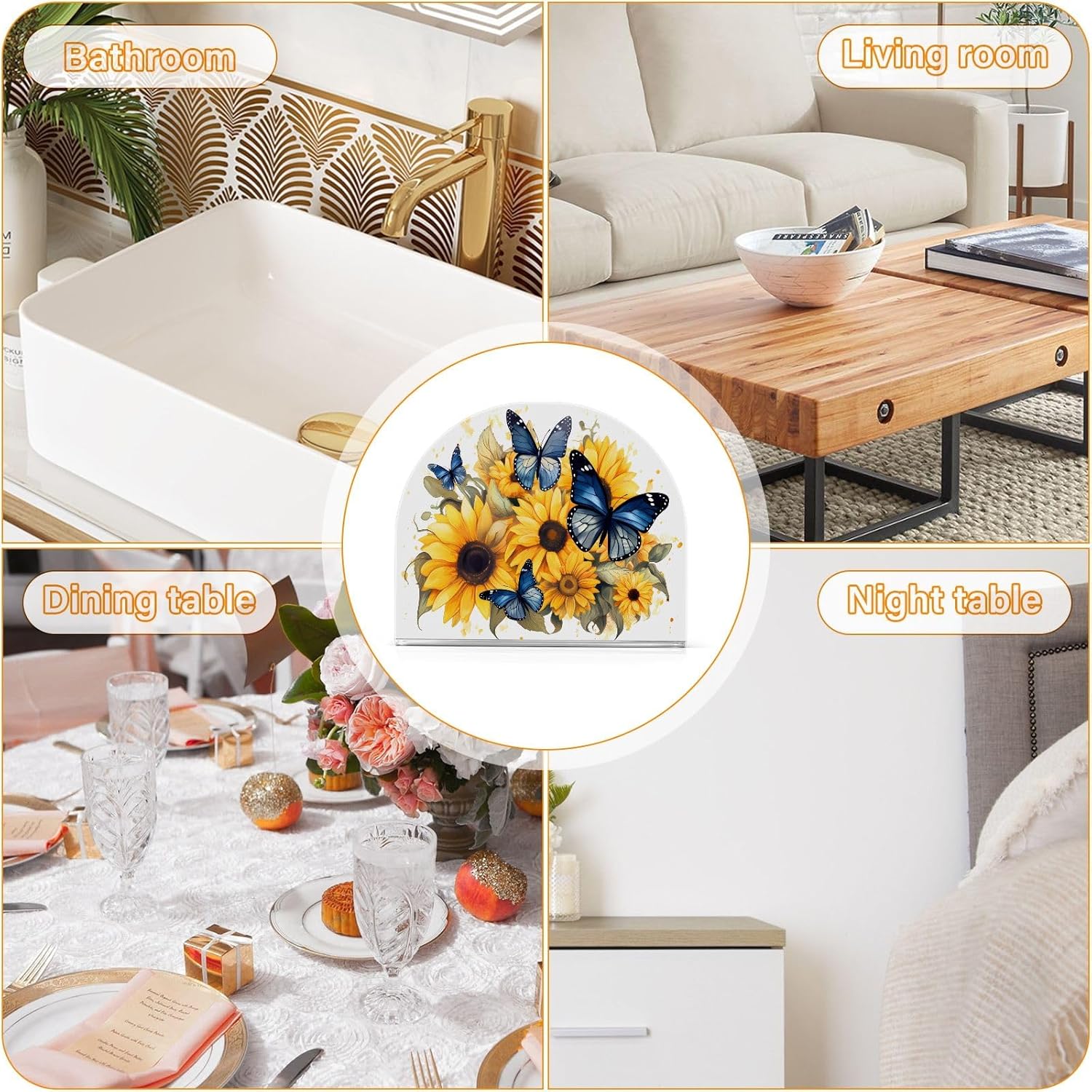 Servilletero de acrílico transparente con girasol y mariposa, servilletero, dispensador de mesa de comedor para cocina, restaurante, decoración del