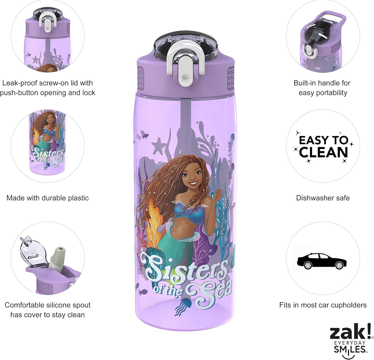 Zak Designs Disney La Sirenita 2023 Botella de agua, niños, escuela o viajes, 25onzas, plástico duradero, boquilla antimicrobiana abatible, tapa,