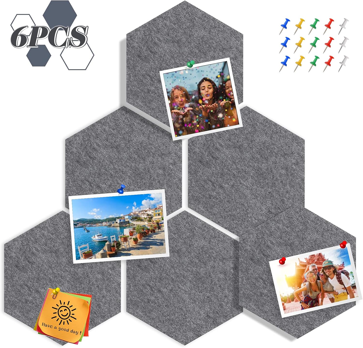 Tikea Tablones de anuncios de fieltro hexagonal, paquete de 6 tableros de notas autoadhesivos, para decoración de pared en el hogar, oficina, aula,