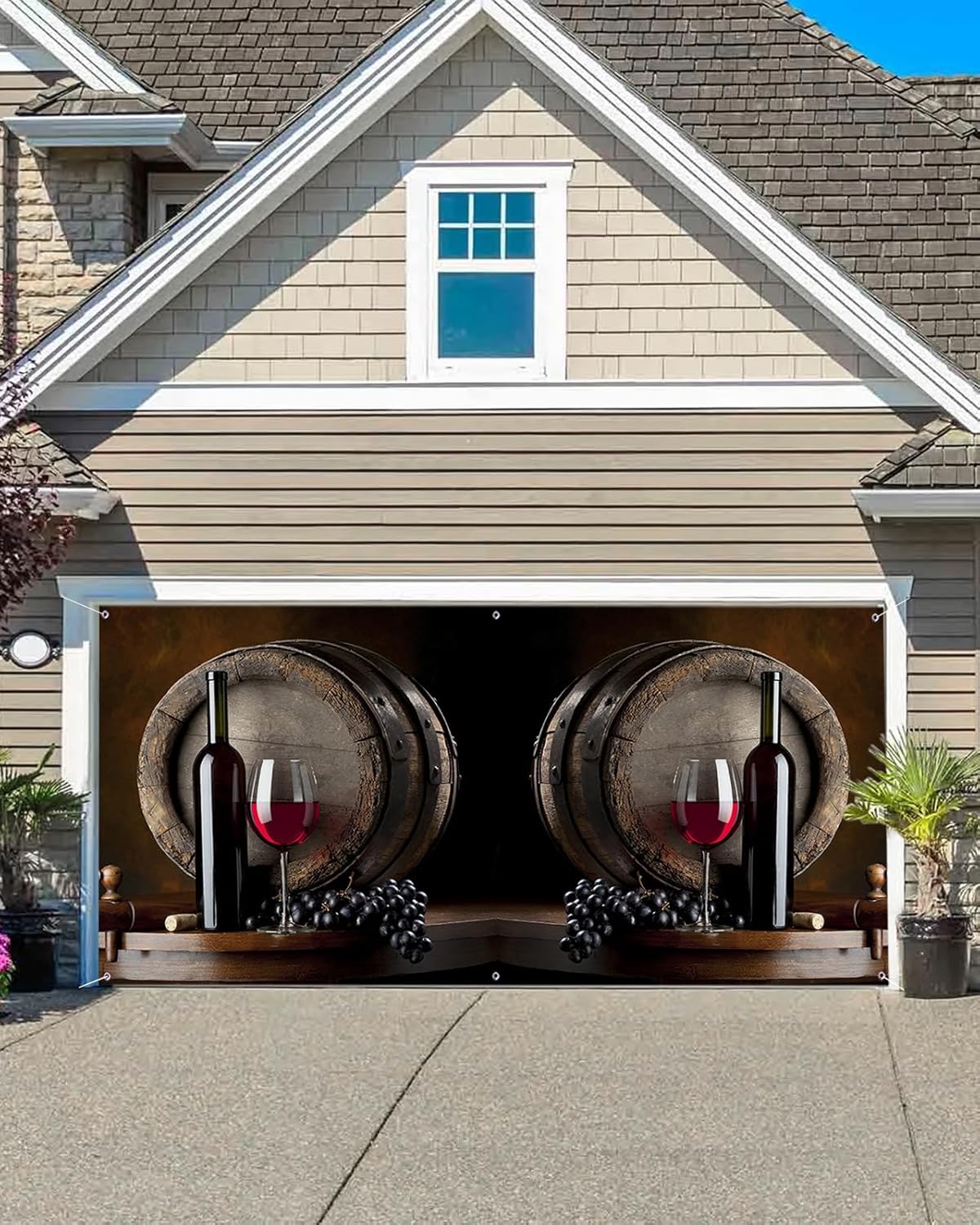Red White Wine Glasses Garage Door Decorations, Wooden barrel Art Garage Door Banner Cover with Grommets, Garage Door Mural Backdrop Decoration for