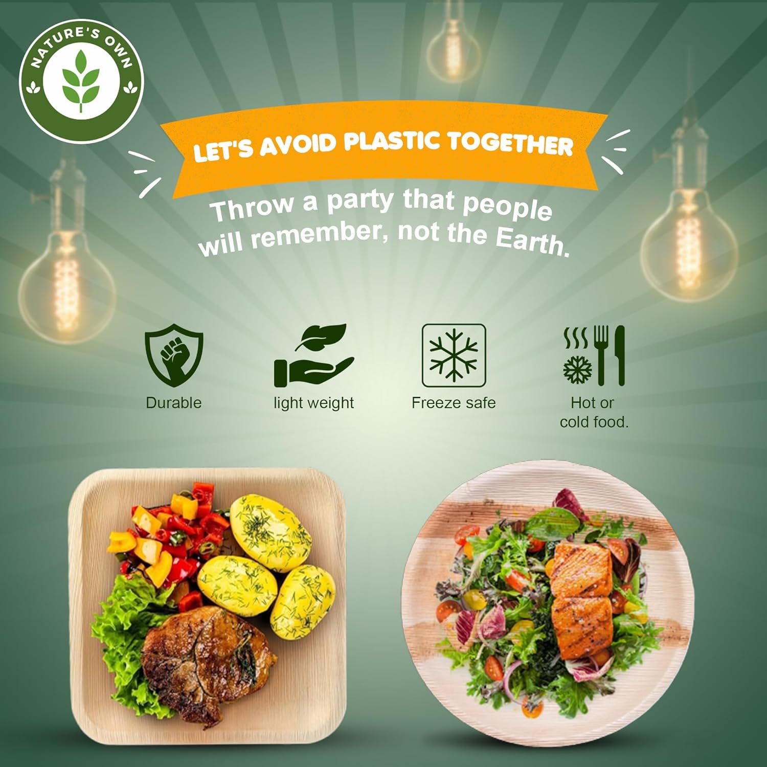Nature’s Own Paquete de platos de hoja de palmera, 50 unidades (combo de 10 y 8 pulgadas)  Plato cuadrado desechable  Vajilla compostable, ecológica