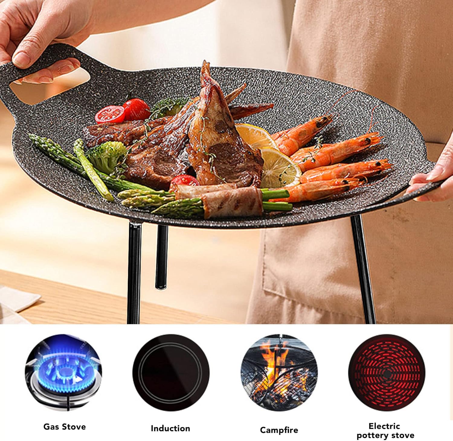 Sartén coreana, sartén redonda antiadherente para barbacoa con asas dobles, conductividad térmica rápida, soporte estable, adecuada para estufa de