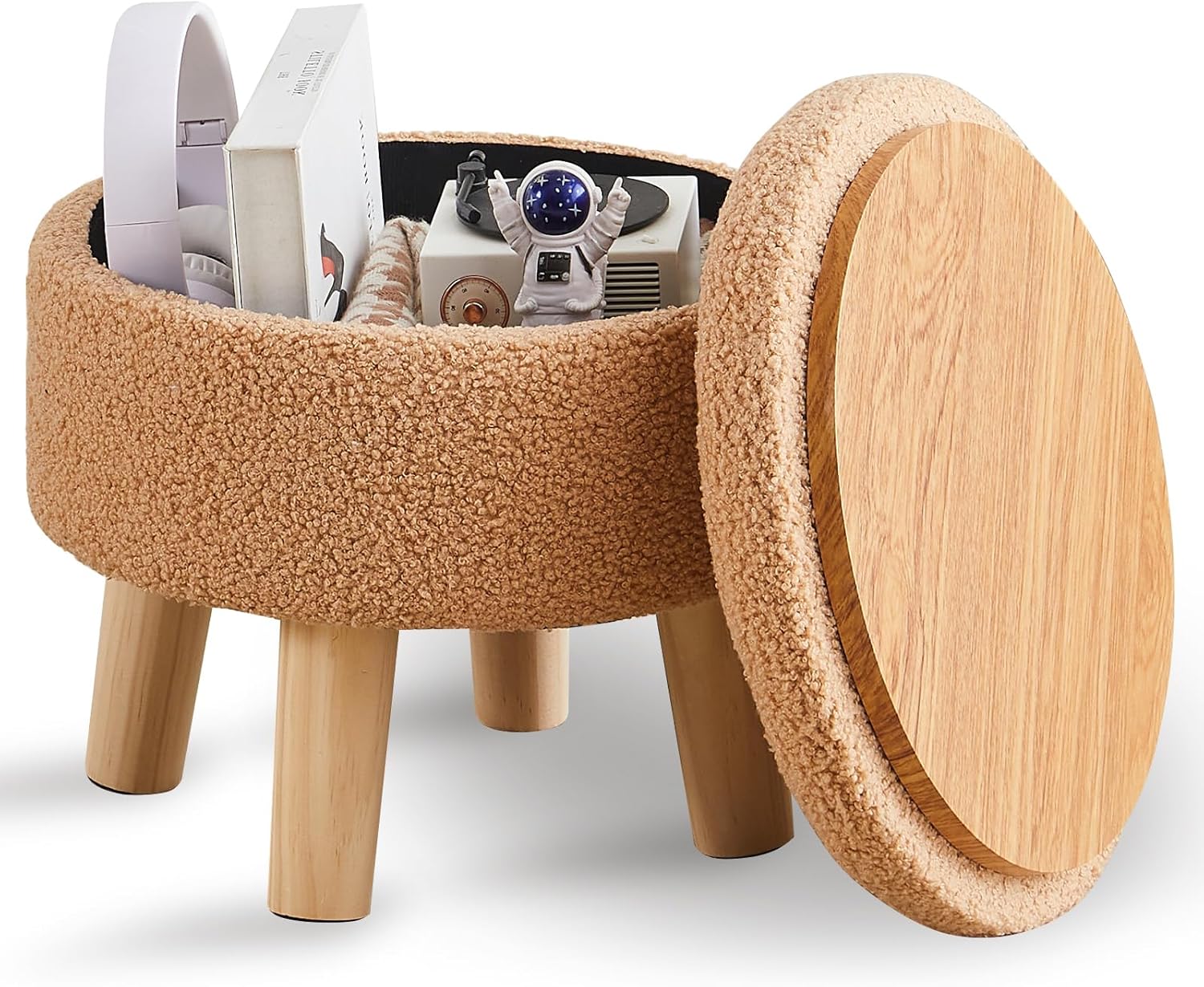 Wimarsbon Otomana de almacenamiento, moderno reposapiés redondo con asiento acolchado suave, reposapiés de terciopelo de peluche con patas de