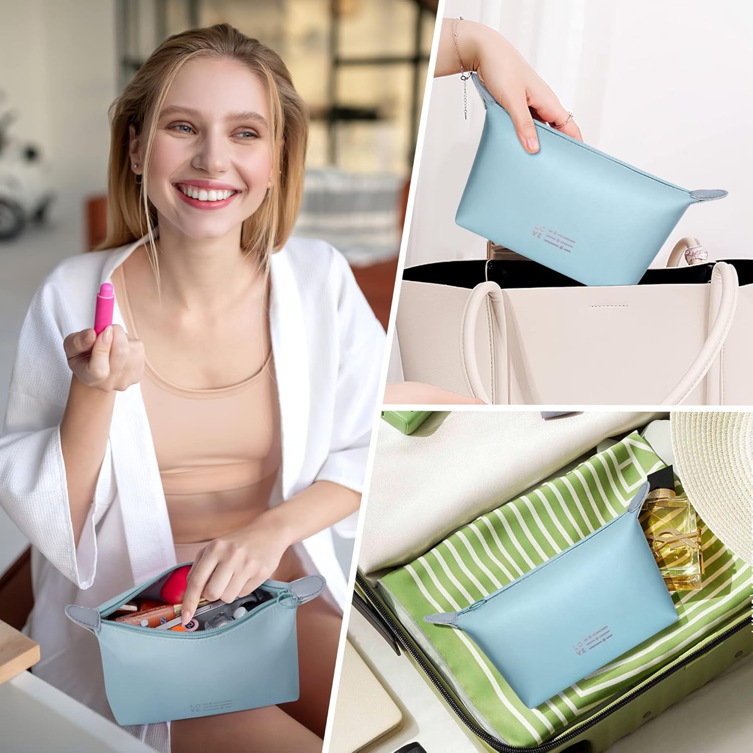 SELLYFELLY Pequeña bolsa de maquillaje para mujer, bolsa de maquillaje impermeable con cremallera, bolsa organizadora de maquillaje portátil, Azul,