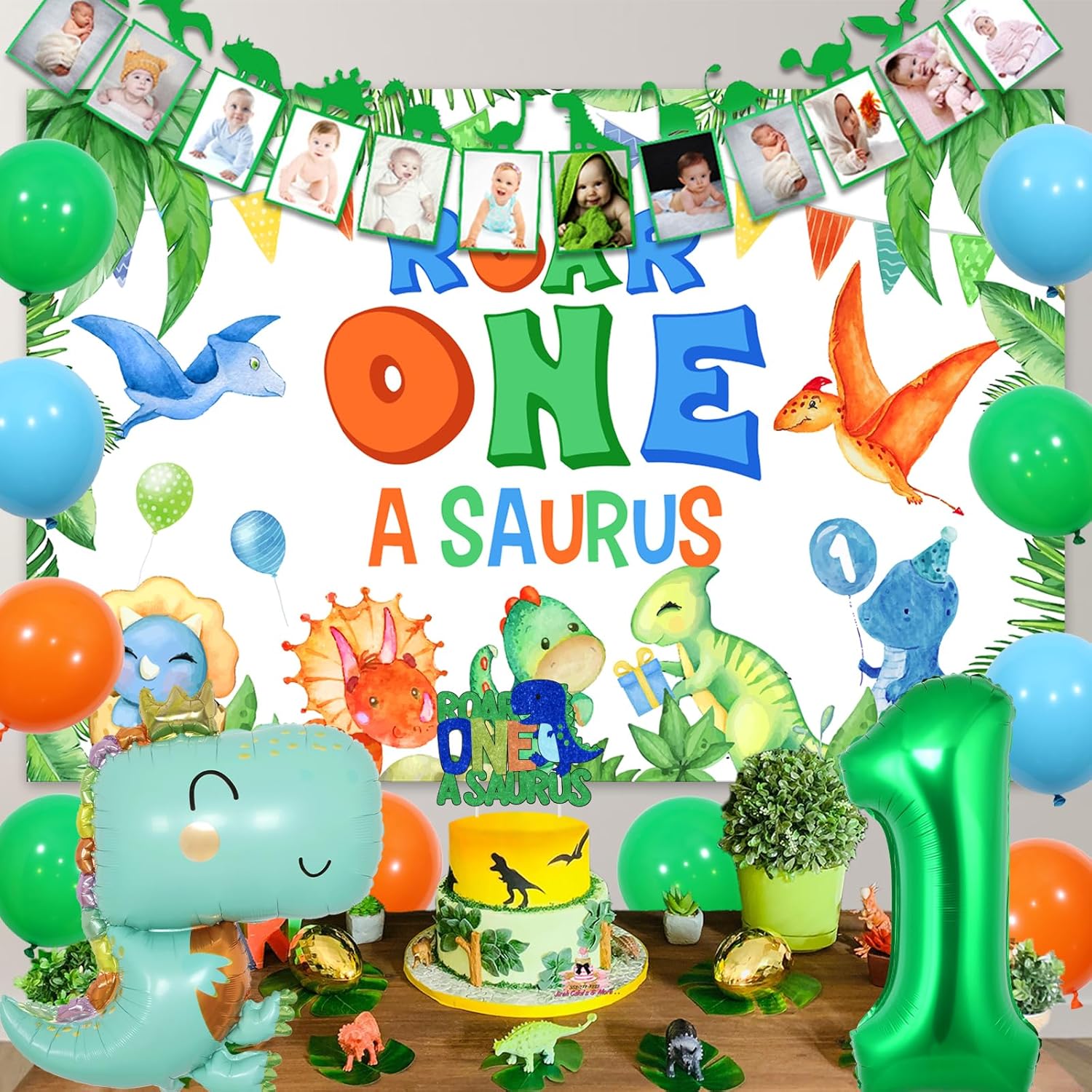 Decoraciones de dinosaurio para el primer cumpleaños de niño  Telón de fondo de rugido, pancarta mensual de dinosaurio para fotos, decoración de