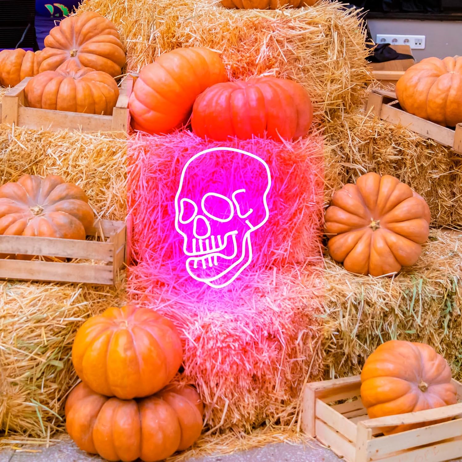 Arte de pared de calavera rosa, decoración de letrero de neón de Halloween, decoración de pared con alimentación USB y batería, letrero de luz de
