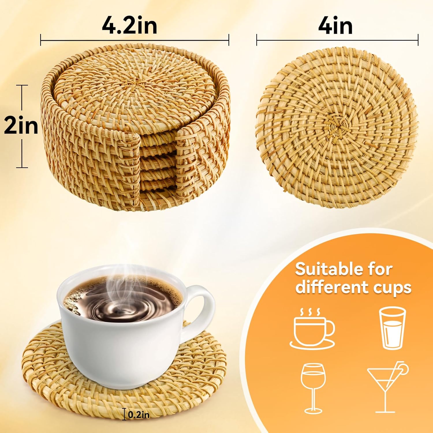 6pcs Handmade Rattan Coasters with Holder, Natural Wicker Boho Coasters Set, Heat-resistant Drink Coasters for Coffee Table Housewarming Gifts Hot