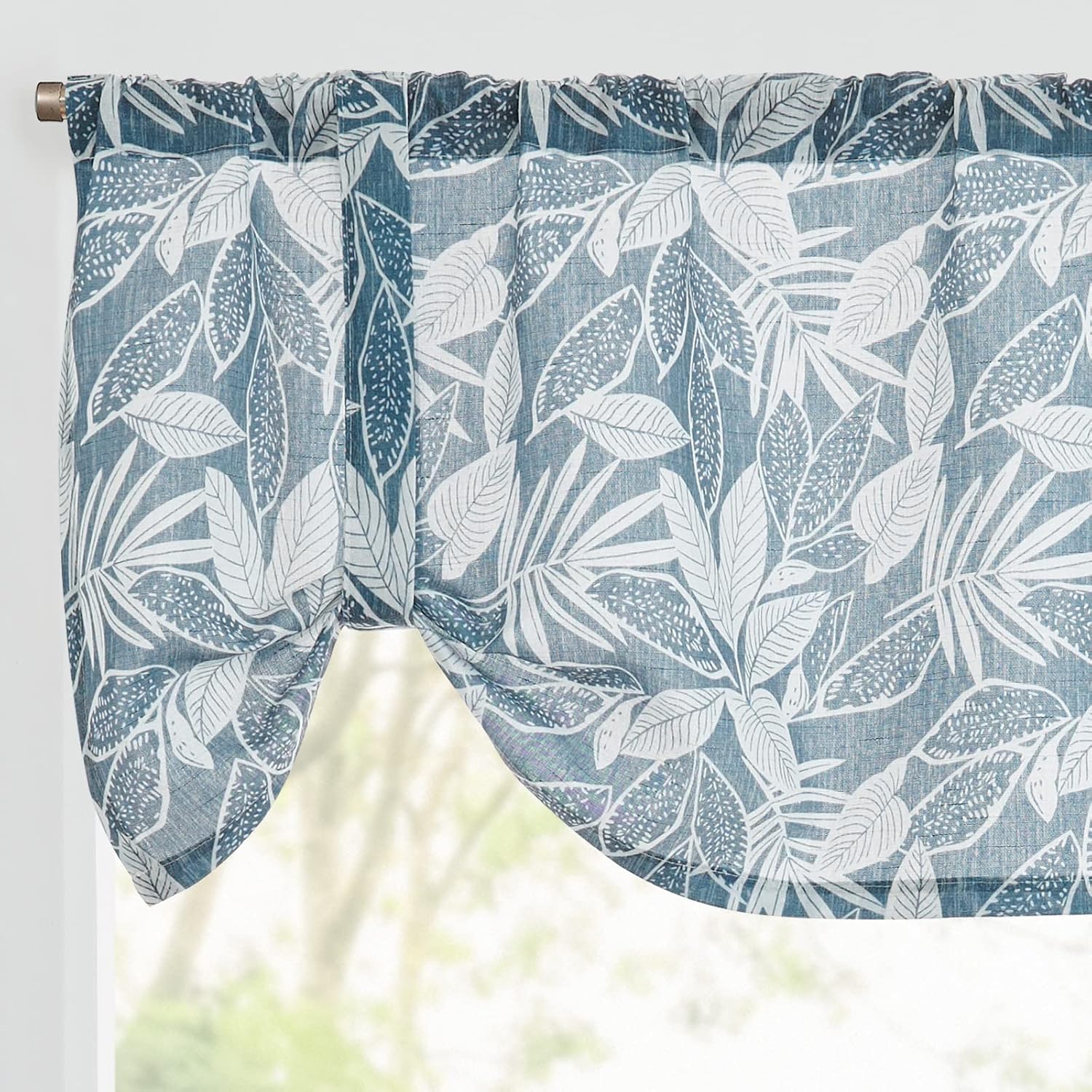 Lazzzy Cenefa de cocina floral azul con patrón de hojas, cortina corta rústica de lino para cafetería, cocina, bolsillo para barra de 18 pulgadas, 1