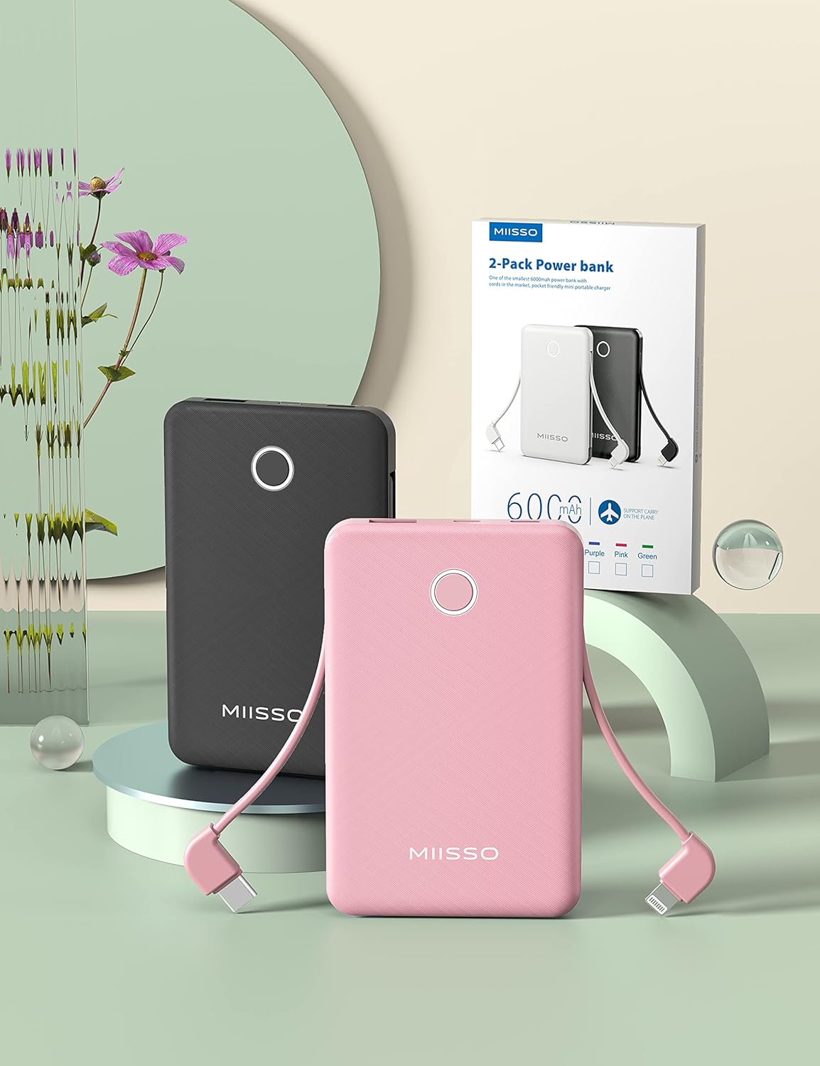 Paquete de 2 cables integrados ultradelgados de 6000 mAh, batería externa de 3 salidas, compatible con iPhone, color negro y rosa