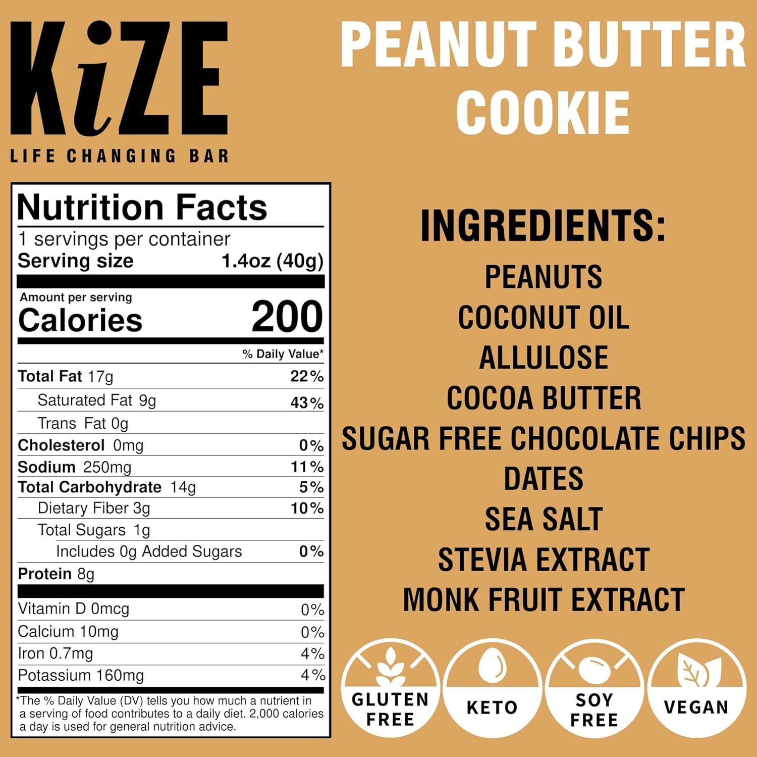 KiZE Barra energética Keto, 0.04 oz de azúcar, 0.14 oz de carbohidratos netos, 0.28 oz de proteína a base de plantas, galleta de mantequilla de