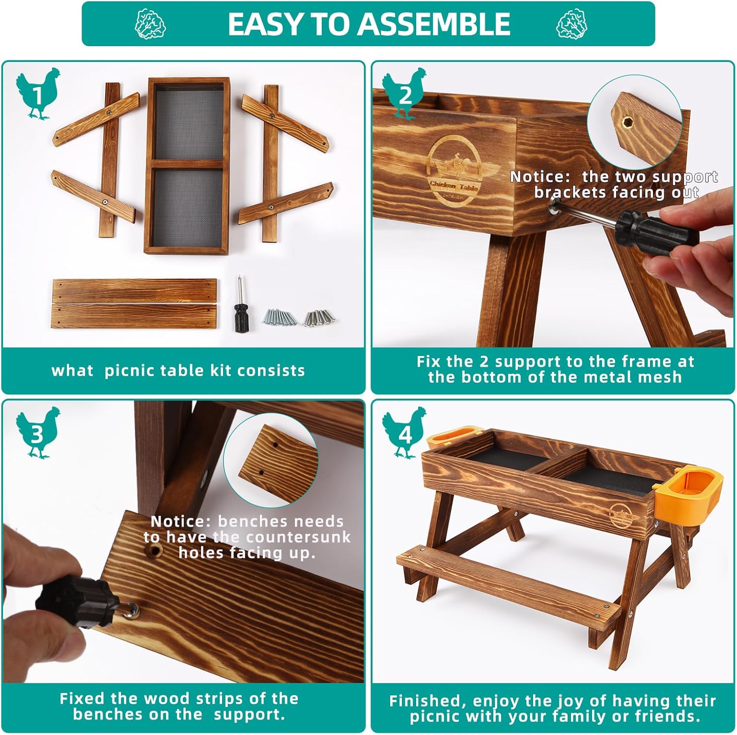 Mesa de picnic de pollo, comedero de pollo sin desperdicios hecho a mano de madera carbonizada, kit grande de comedero de pollo para bricolaje,