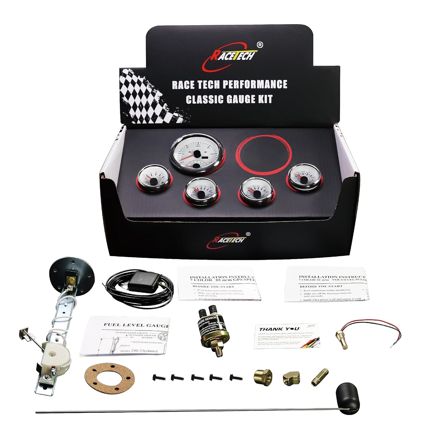 RACETECH Juego de 5 indicadores con retroiluminación LED blanca  3.346 in, velocímetro GPS y tacómetro de 3-38 pulgadas, 2.047 in, 2-116 pulgadas,