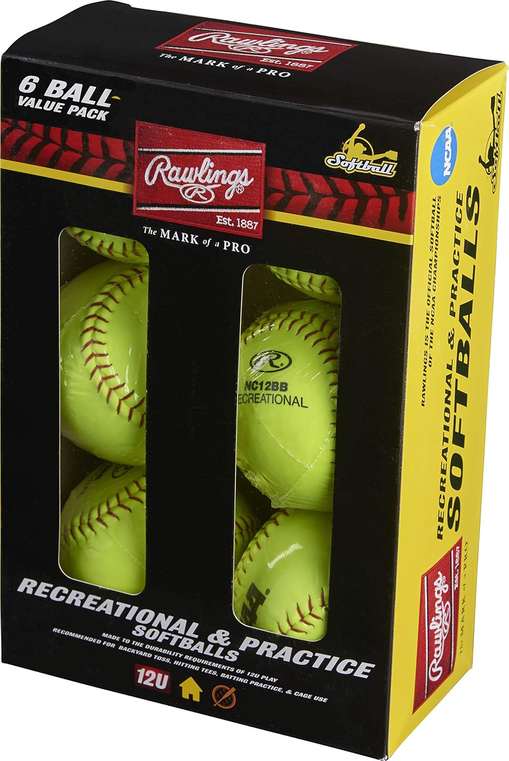 Rawlings  Balones de softball recreativos de lanzamiento rápido de la NCAA  Opciones de 11 y 12 pulgadas  Opciones de 6 y 12 unidades