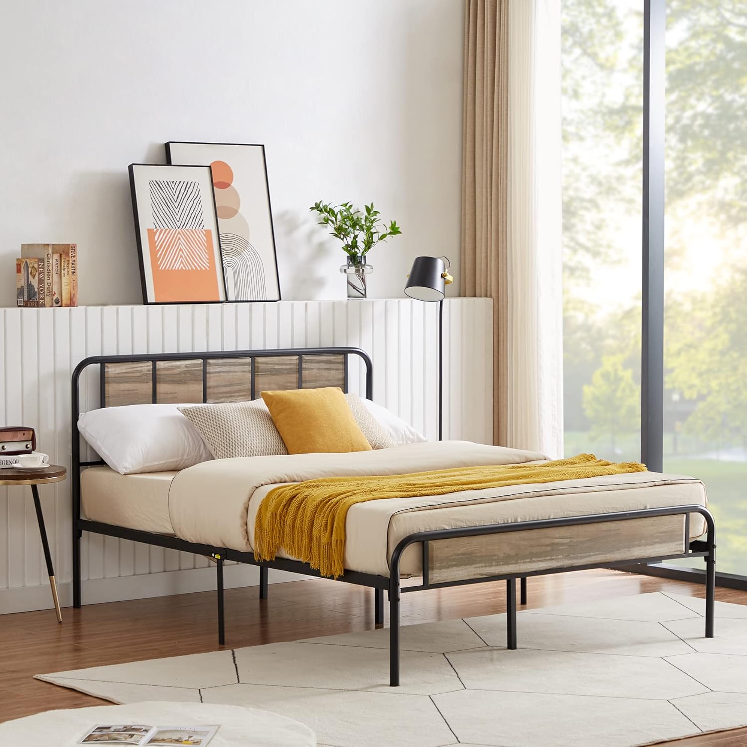 VECELO Base de cama de plataforma de tamaño matrimonial con cabecera de madera, base de colchón, soporte de listones de acero de alta calidad, no