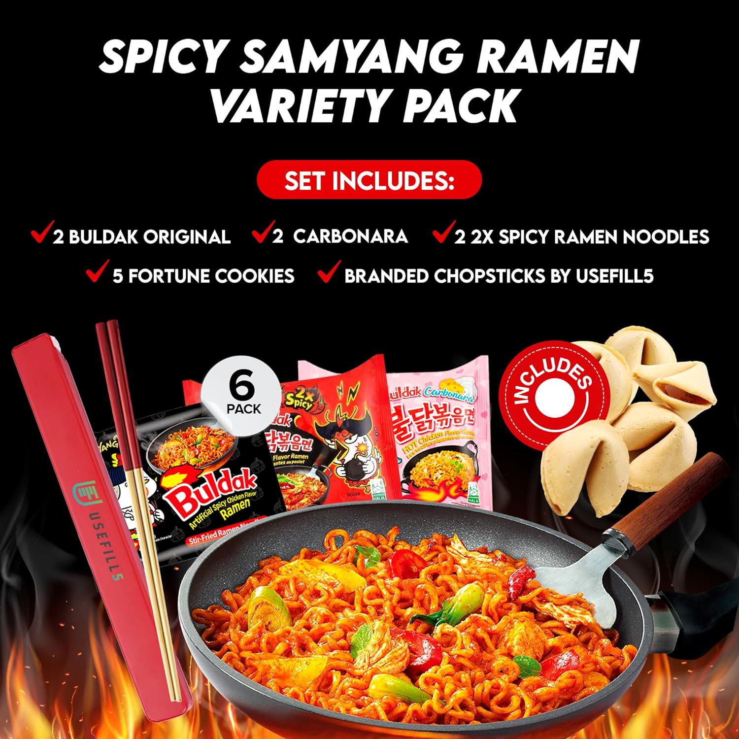 Buldak Ramen Fideos  Paquete de 6 fideos ramen coreanos  Buldak Ramen Carbonara Original 2X Fideos picantes Buldak Ramen Paquete variado  Incluye