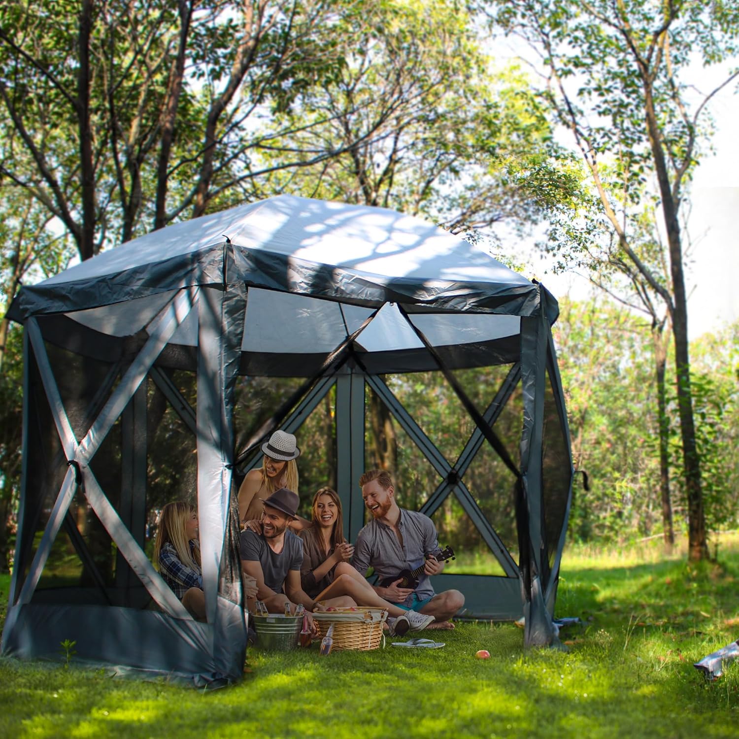 Tienda de campaña desplegable de 10 pies con 2 paneles de viento, tienda de campaña mosquitera para camping, patio, patio trasero, refugio portátil