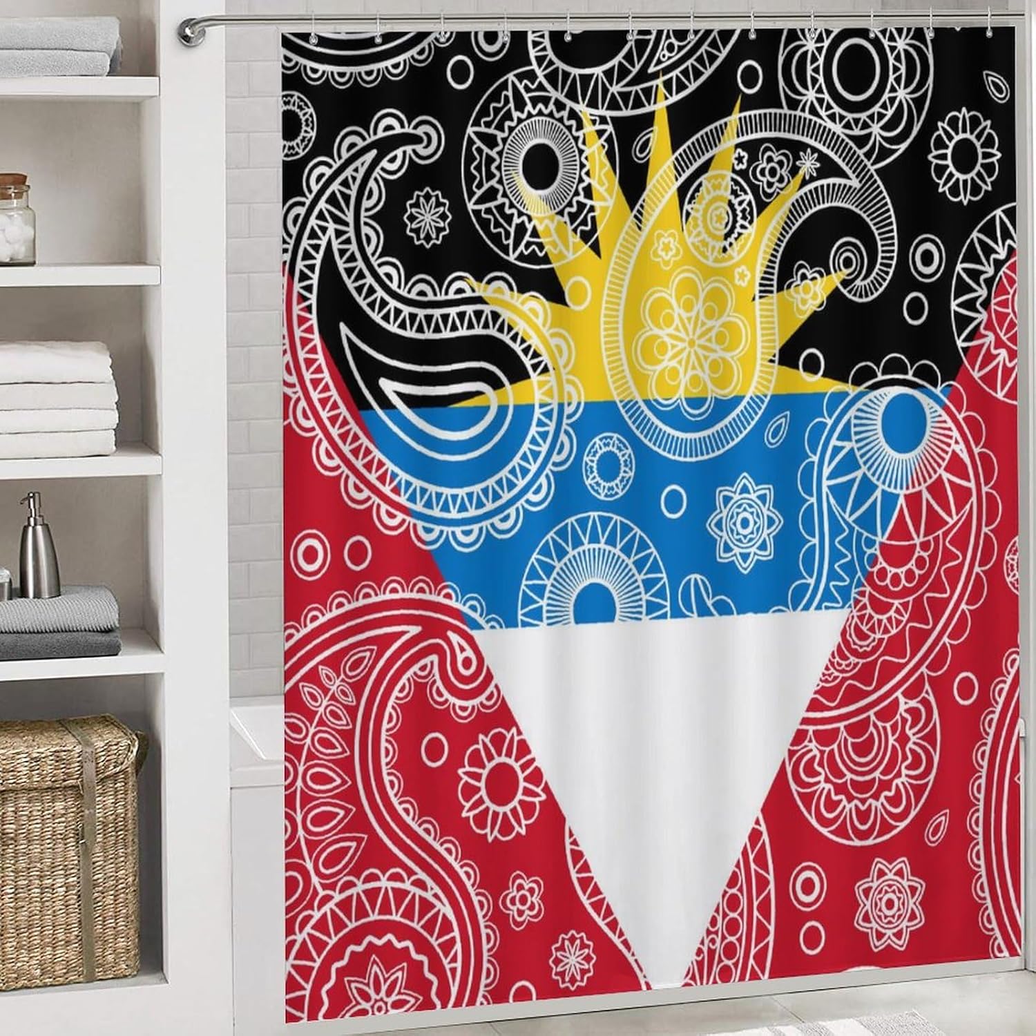 Juego de 4 cortinas de ducha con diseño de bandera de cachemira de Antigua y Barbuda, con alfombra antideslizante, cubierta suave para tapa de