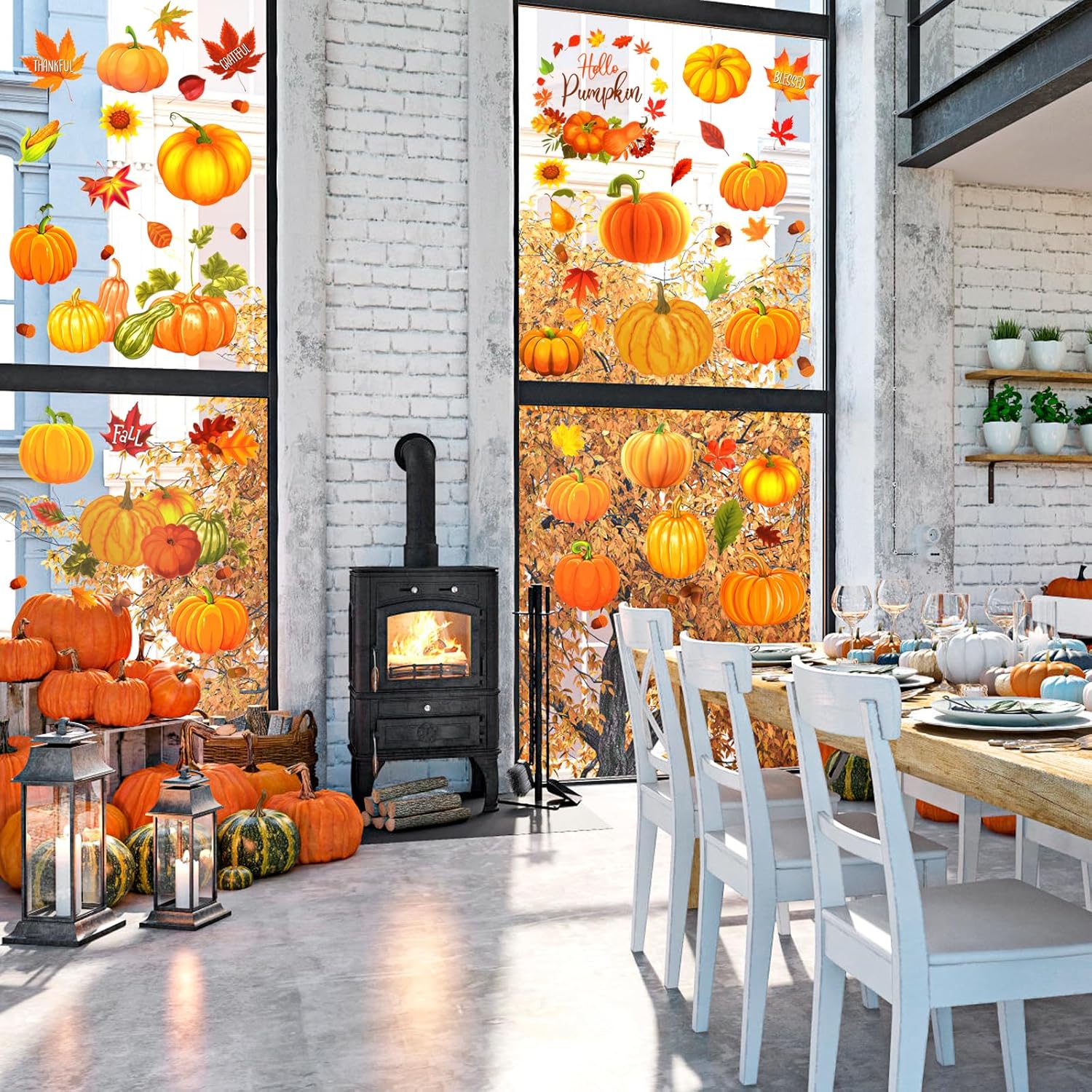 HOWAF Decoraciones de calabaza de Acción de Gracias, 9 hojas de calcomanías de ventana de doble cara de Hello Pumpkin para otoño, cosecha de Acción